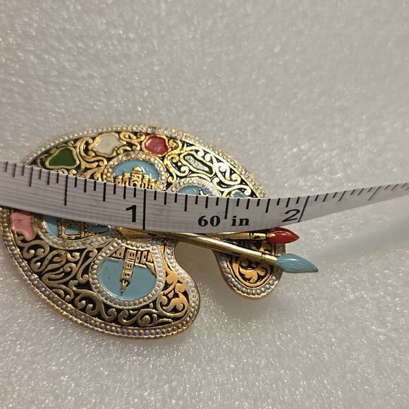 Damascene Pin Brooch Artist Palette Paint Brushes Vintage Enamel Spain - Picture 11 of 11